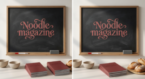 NoodleMagazine written in elegant red lettering on a blackboard