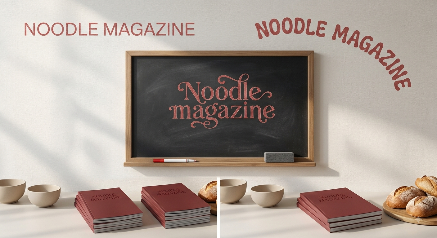 NoodleMagazine written in elegant red lettering on a blackboard